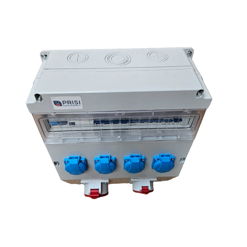 coffret de chantier avec 4 prises monophasés et 1 prise 16a triphasée et 1 prise triphasée 32a