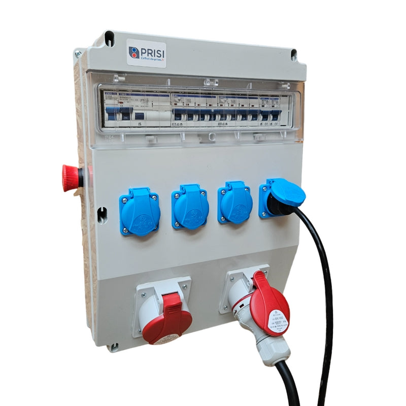 coffret de chantier avec 4 prises monophasés et 1 prise 16a triphasée et 1 prise triphasée 32a