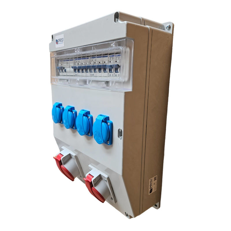 coffret de chantier avec 4 prises monophasés et 1 prise 16a triphasée et 1 prise triphasée 32a